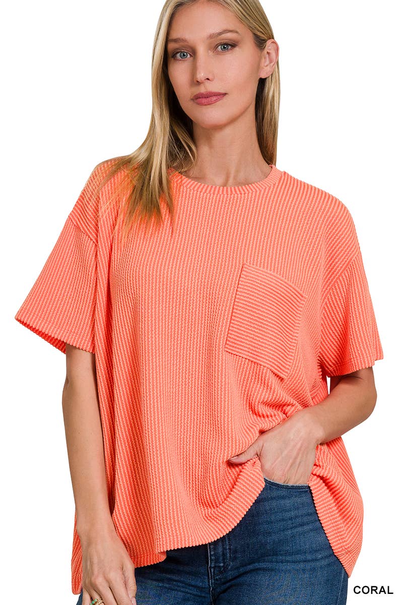 ` Corded Rib Short Sleeve Front Pocket Top  Zenana