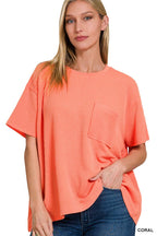 ` Corded Rib Short Sleeve Front Pocket Top  Zenana