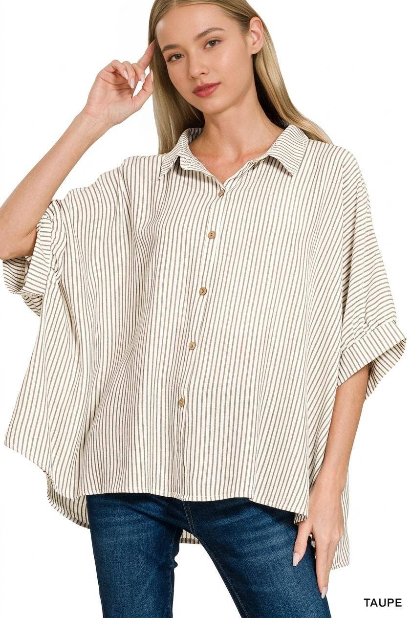 Woven Stripe Button Down Boxy Shirt - Zenana