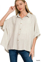 Woven Stripe Button Down Boxy Shirt - Zenana