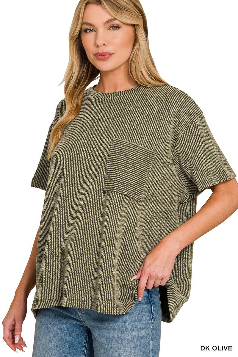 Corded Rib  Short Sleeve Front Pocket Top - Zenana