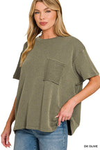 Corded Rib  Short Sleeve Front Pocket Top - Zenana