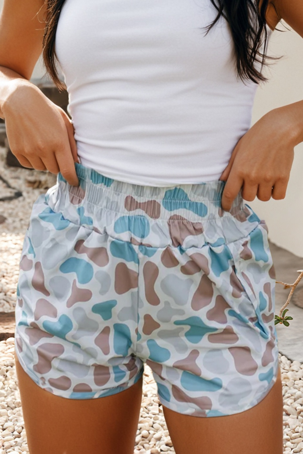 Camouflage Print Shirred High Waist Athleisure Shorts |S-4X