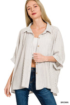 Woven Stripe Button Down Boxy Shirt - Zenana