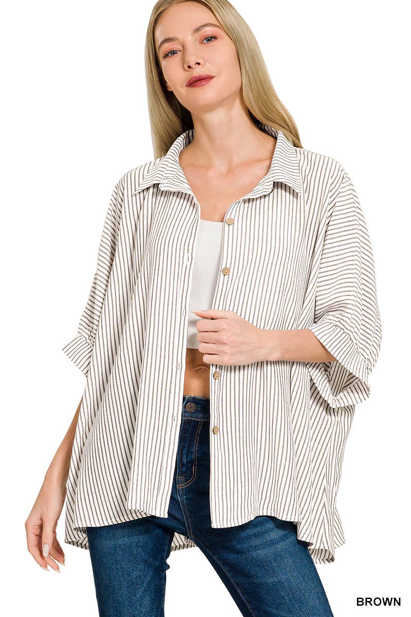 Woven Stripe Button Down Boxy Shirt - Zenana