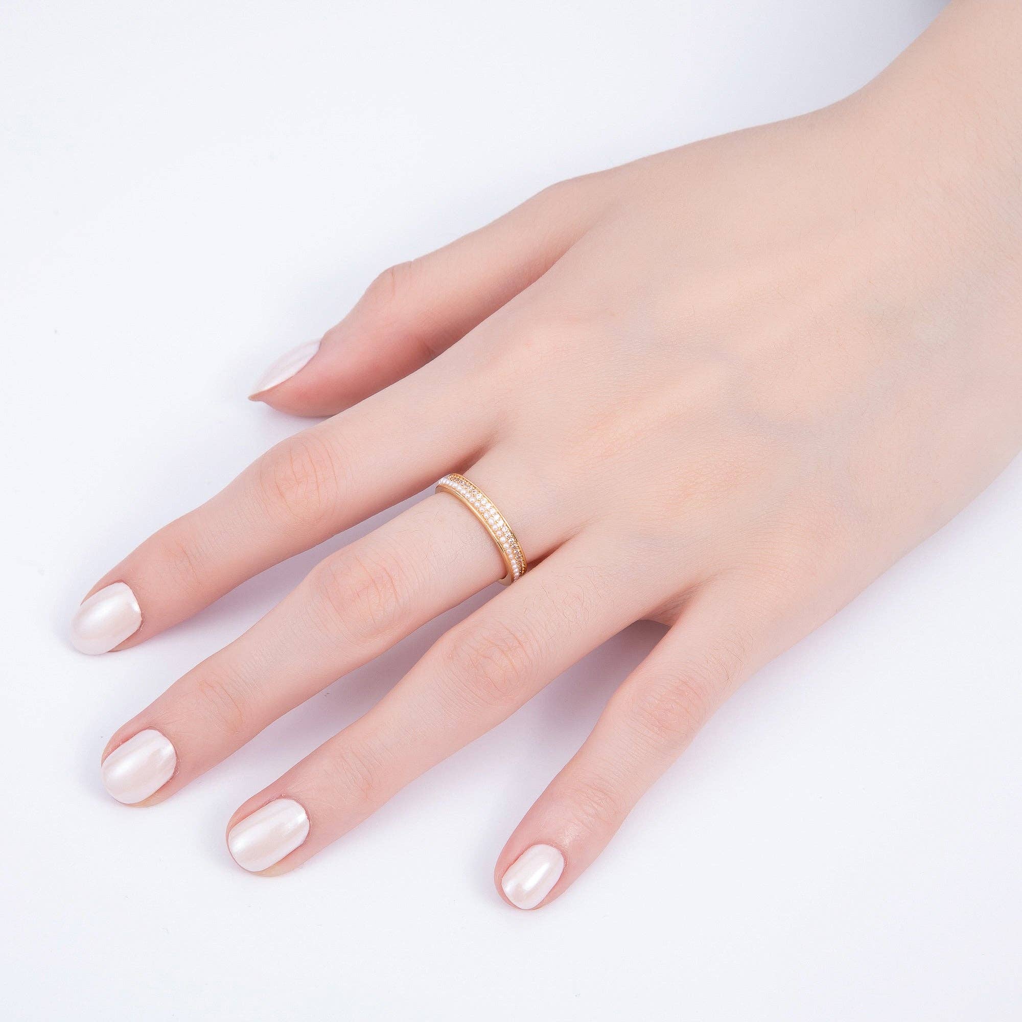 16K Gold Filled Shell Pearl Micro Paved CZ Double Lined Ring | Rings-00063