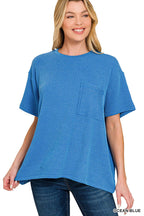 ` Corded Rib Short Sleeve Front Pocket Top  Zenana