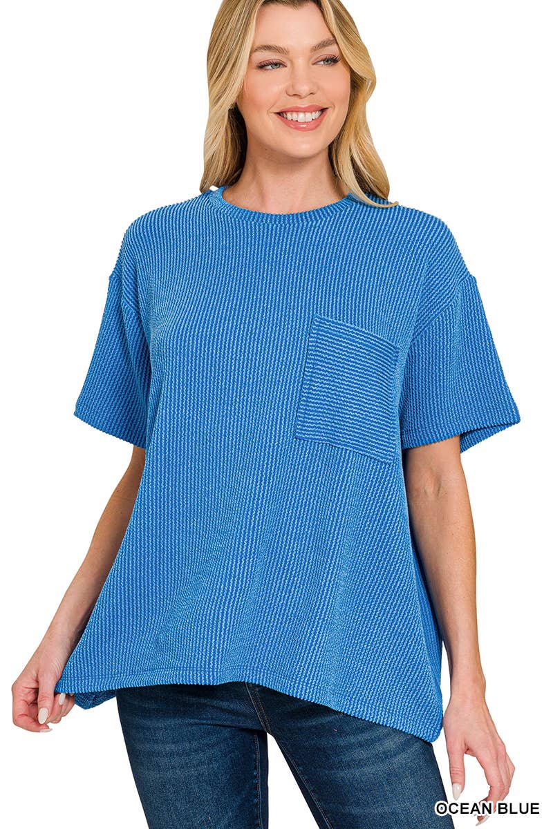 ` Corded Rib Short Sleeve Front Pocket Top  Zenana