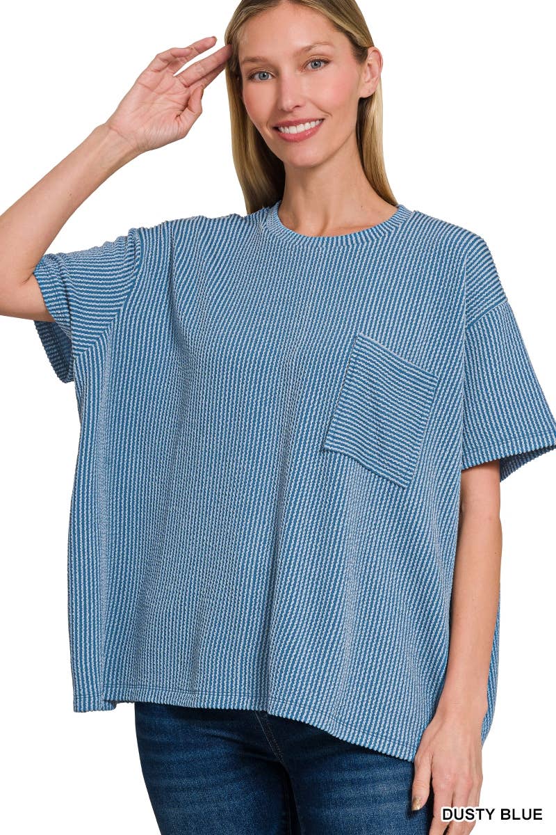 ` Corded Rib Short Sleeve Front Pocket Top  Zenana