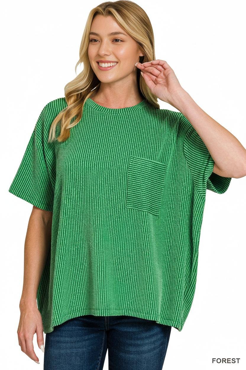 ` Corded Rib Short Sleeve Front Pocket Top  Zenana