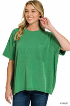 ` Corded Rib Short Sleeve Front Pocket Top  Zenana