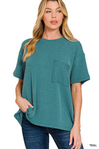 ` Corded Rib Short Sleeve Front Pocket Top  Zenana