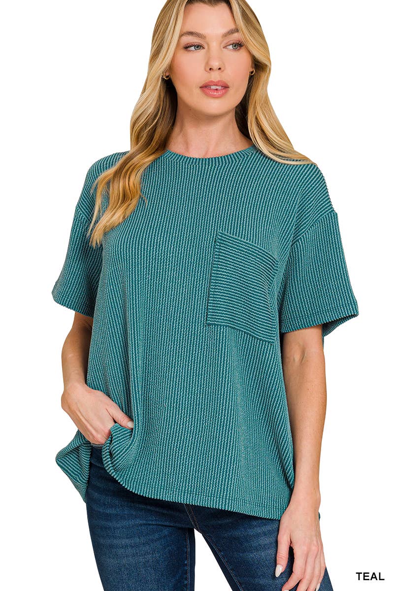 ` Corded Rib Short Sleeve Front Pocket Top  Zenana