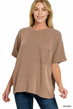 ` Corded Rib Short Sleeve Front Pocket Top  Zenana