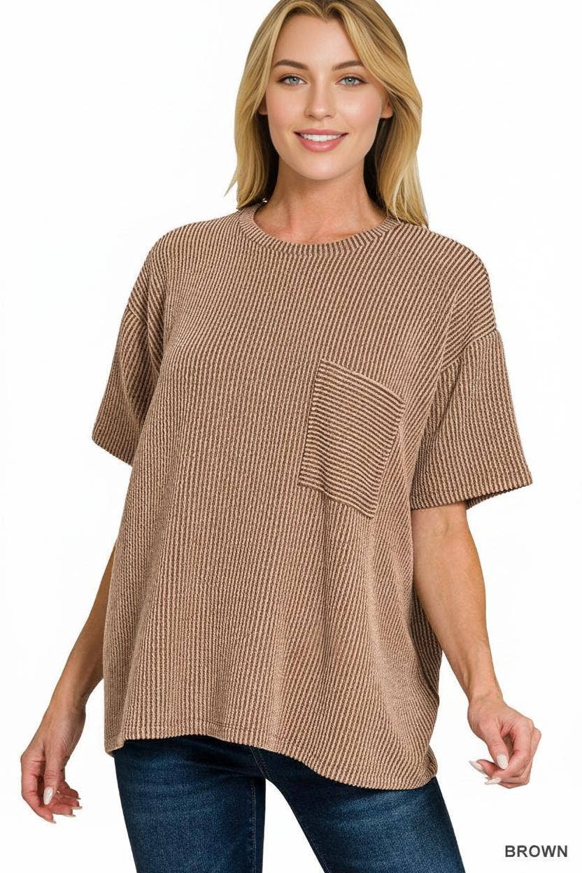 ` Corded Rib Short Sleeve Front Pocket Top  Zenana