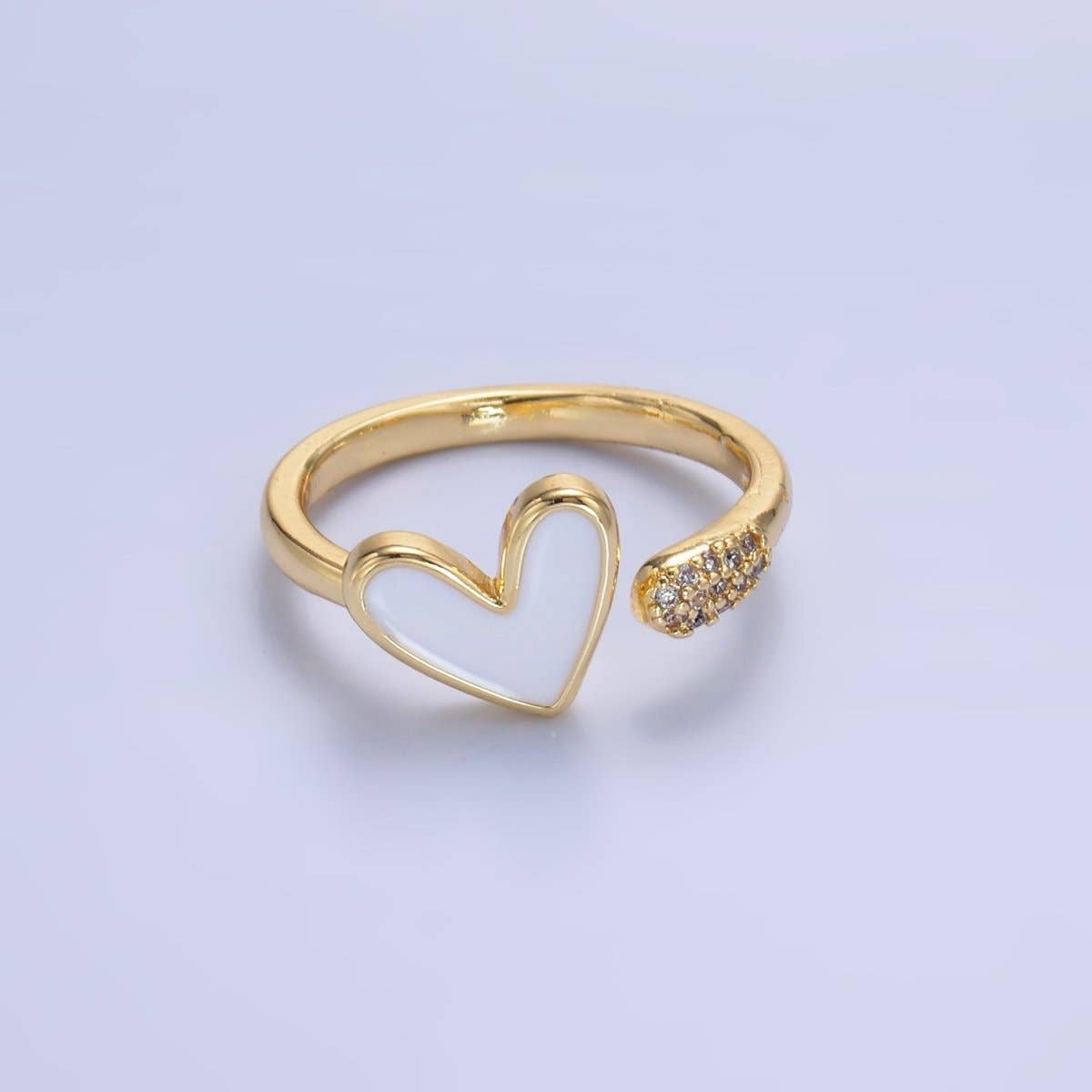 24K Gold Filled Heart White Enamel Micro Paved CZ Wrap Ring | O729