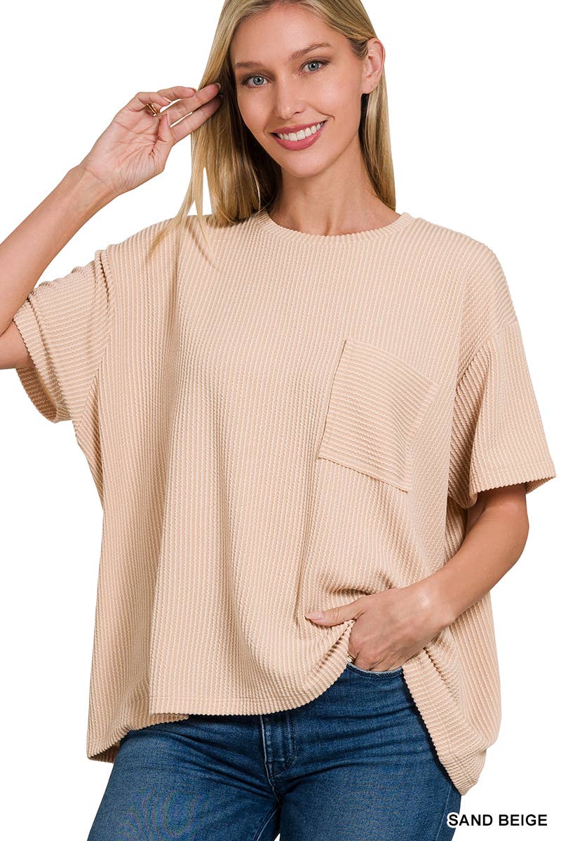 ` Corded Rib Short Sleeve Front Pocket Top  Zenana