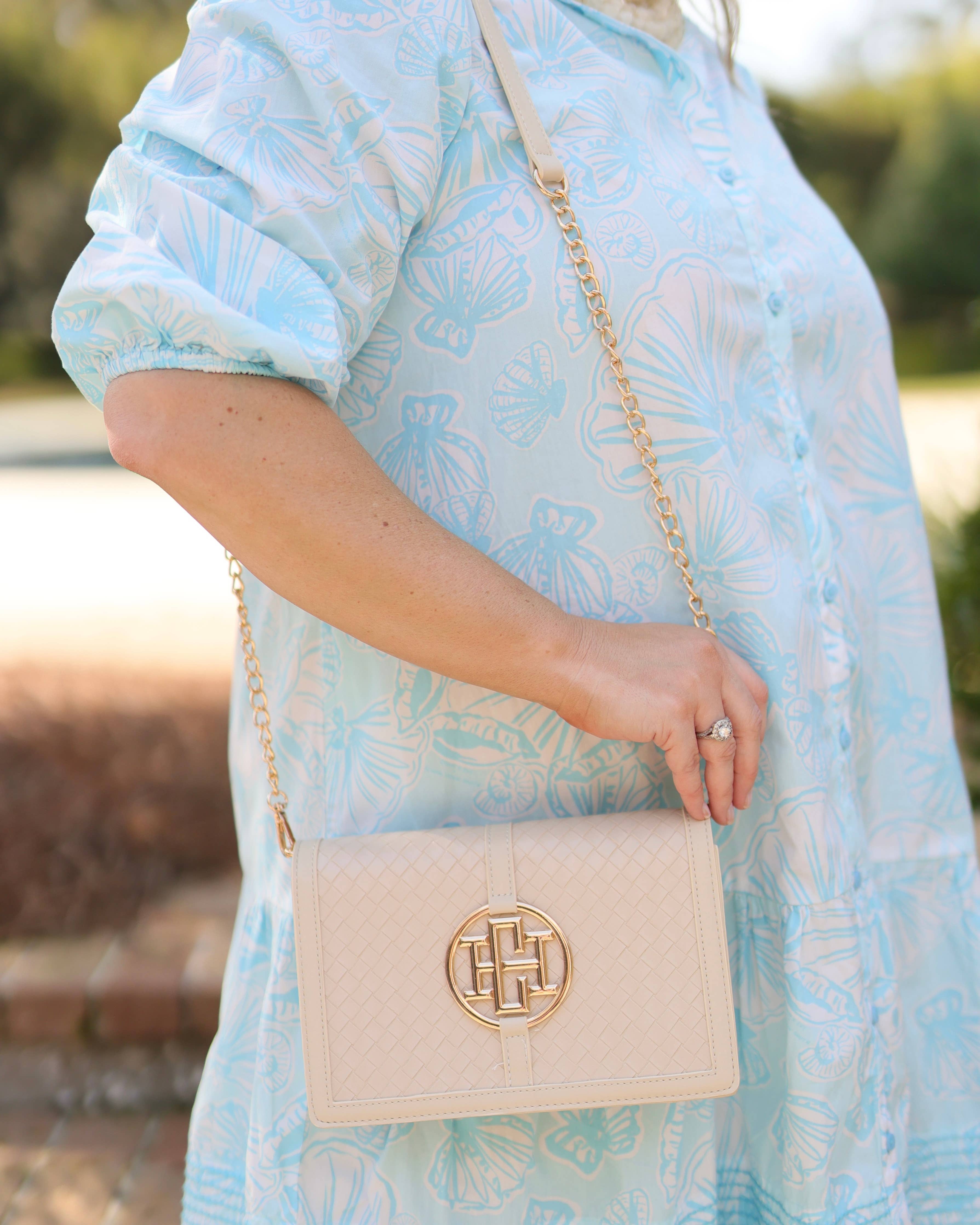 Cecilia Circle Logo Handbag Woven Almond