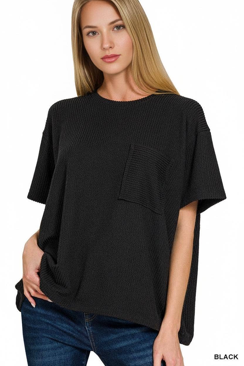 ` Corded Rib Short Sleeve Front Pocket Top  Zenana