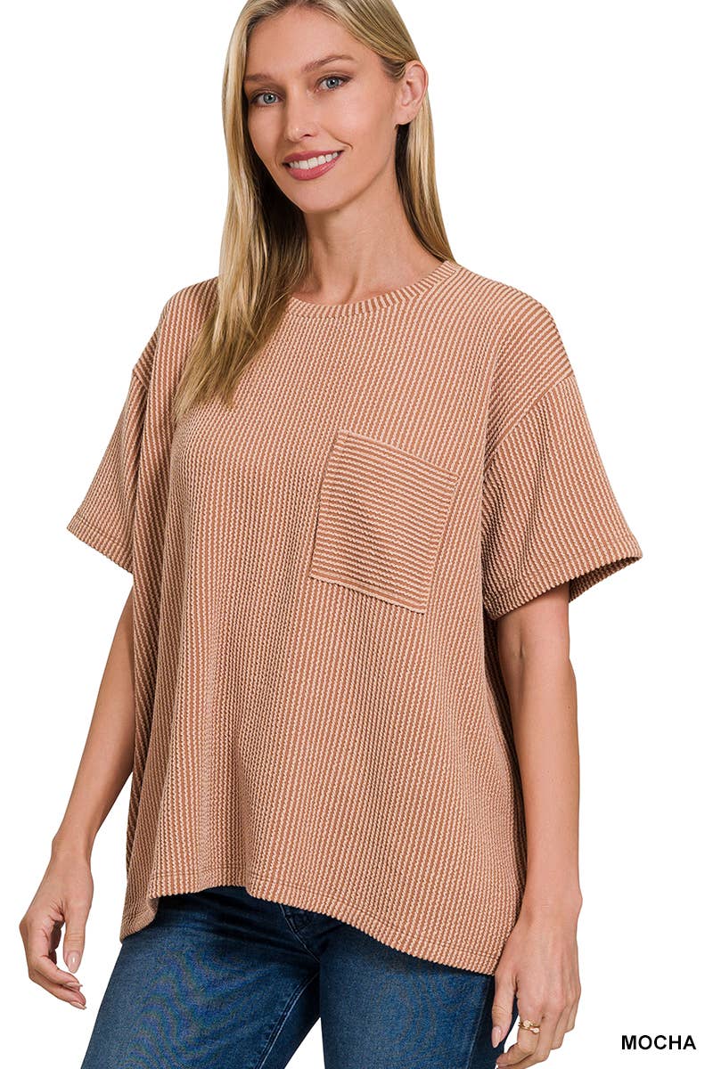 Corded Rib  Short Sleeve Front Pocket Top - Zenana