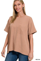 Corded Rib  Short Sleeve Front Pocket Top - Zenana