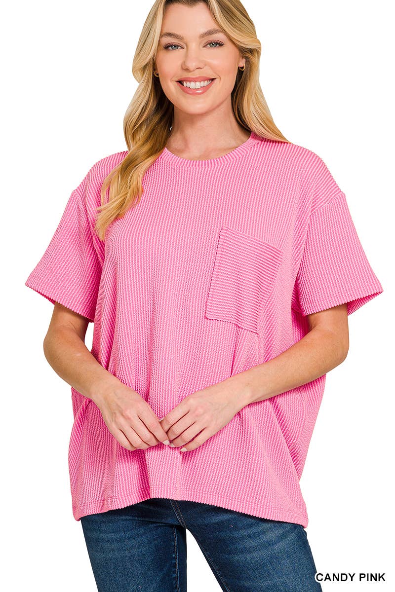 ` Corded Rib Short Sleeve Front Pocket Top  Zenana