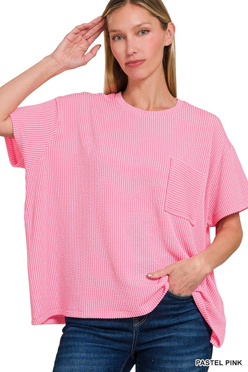 ` Corded Rib Short Sleeve Front Pocket Top  Zenana