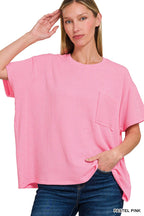 ` Corded Rib Short Sleeve Front Pocket Top  Zenana
