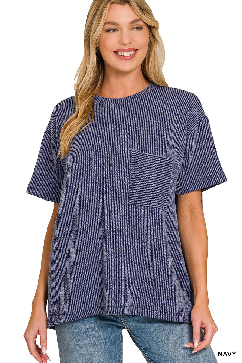 Corded Rib  Short Sleeve Front Pocket Top - Zenana