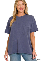 Corded Rib  Short Sleeve Front Pocket Top - Zenana