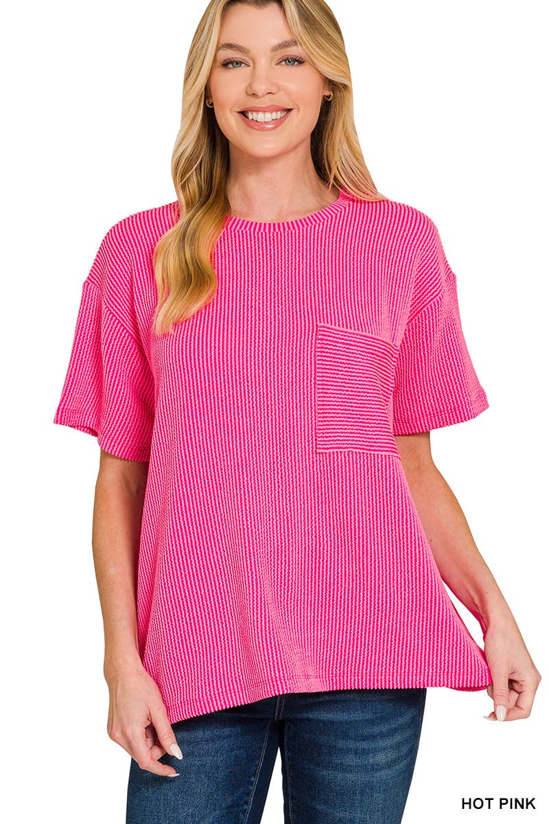 ` Corded Rib Short Sleeve Front Pocket Top  Zenana