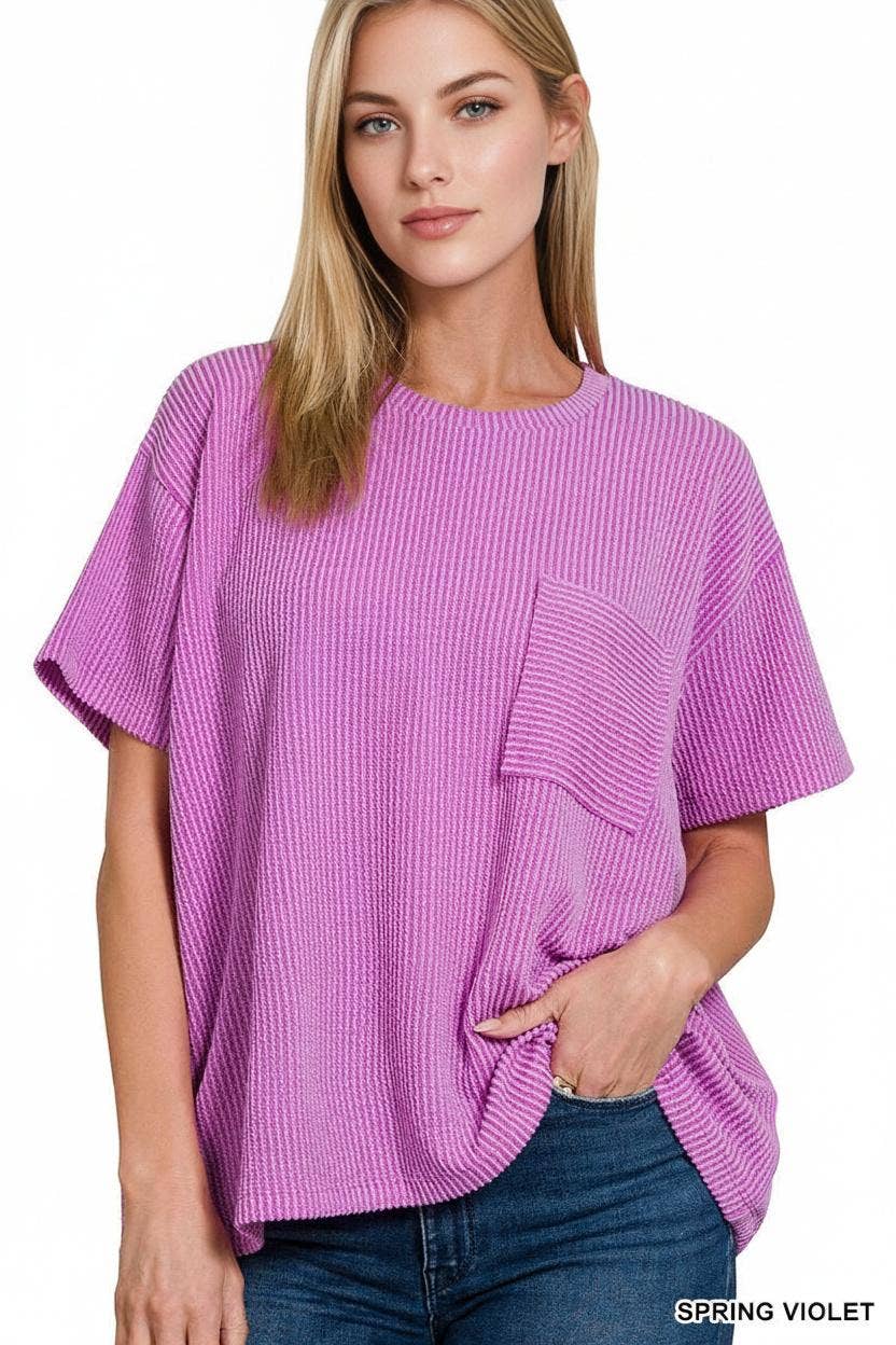 ` Corded Rib Short Sleeve Front Pocket Top  Zenana