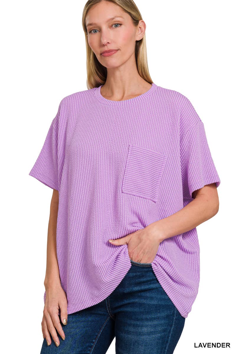 ` Corded Rib Short Sleeve Front Pocket Top  Zenana