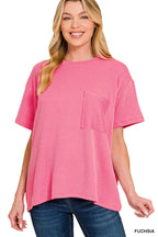 ` Corded Rib Short Sleeve Front Pocket Top  Zenana