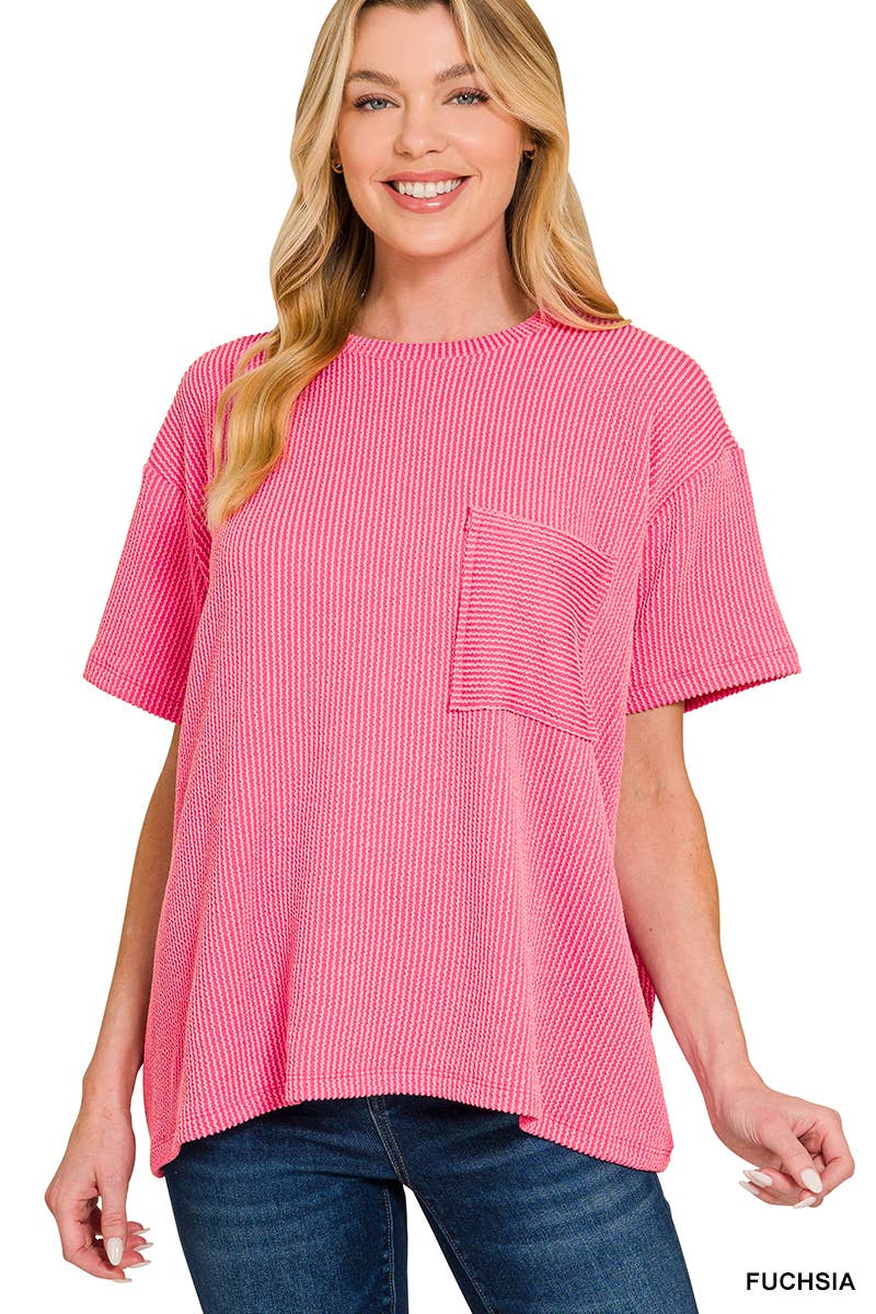 ` Corded Rib Short Sleeve Front Pocket Top  Zenana