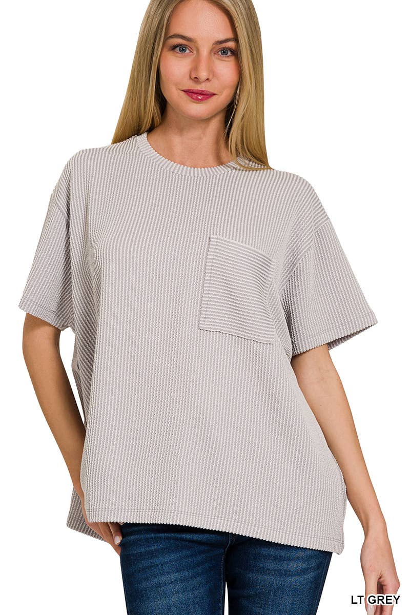 Corded Rib  Short Sleeve Front Pocket Top - Zenana