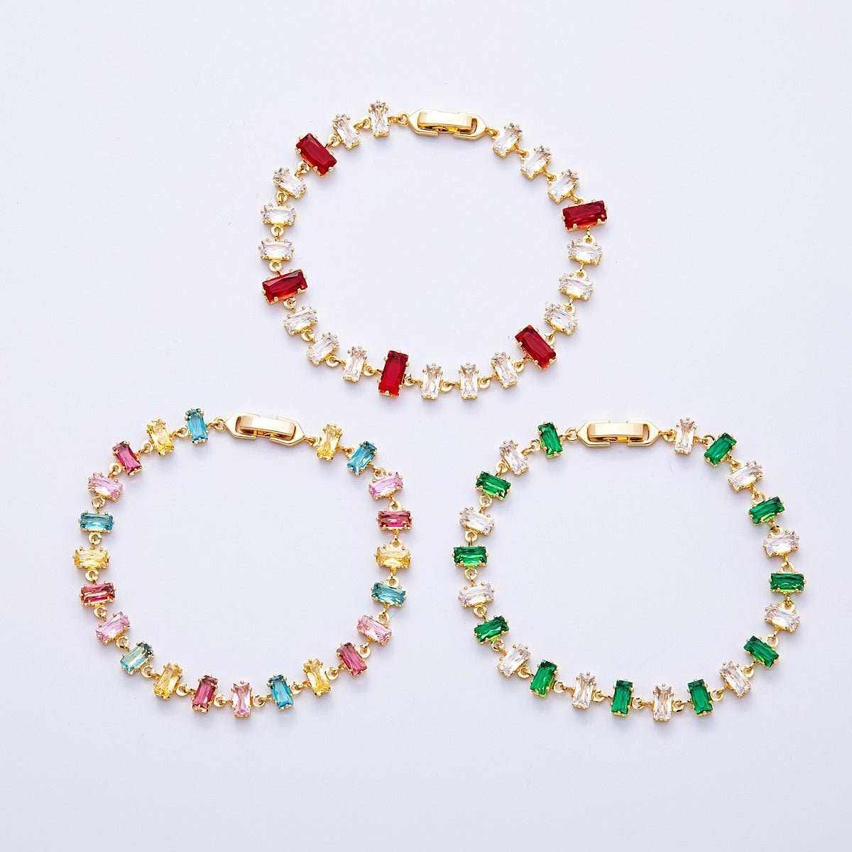 18K Gold Filled 9mm Multicolor Baguette CZ Tennis Chain 7 Inch Bracelet | WA-04218 ~ WA-04220