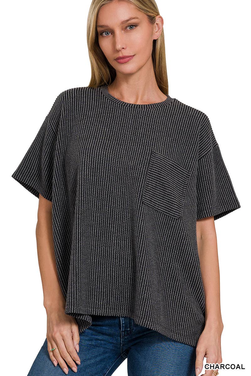 ` Corded Rib Short Sleeve Front Pocket Top  Zenana