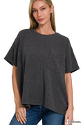 Corded Rib  Short Sleeve Front Pocket Top - Zenana