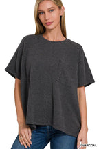 Corded Rib  Short Sleeve Front Pocket Top - Zenana