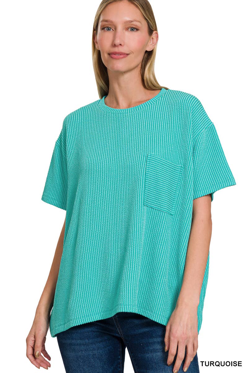 ` Corded Rib Short Sleeve Front Pocket Top  Zenana