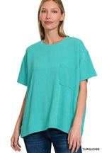 Corded Rib  Short Sleeve Front Pocket Top - Zenana