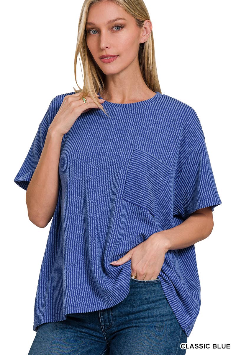 ` Corded Rib Short Sleeve Front Pocket Top  Zenana