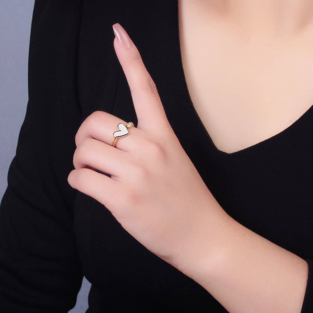 24K Gold Filled Heart White Enamel Micro Paved CZ Wrap Ring | O729