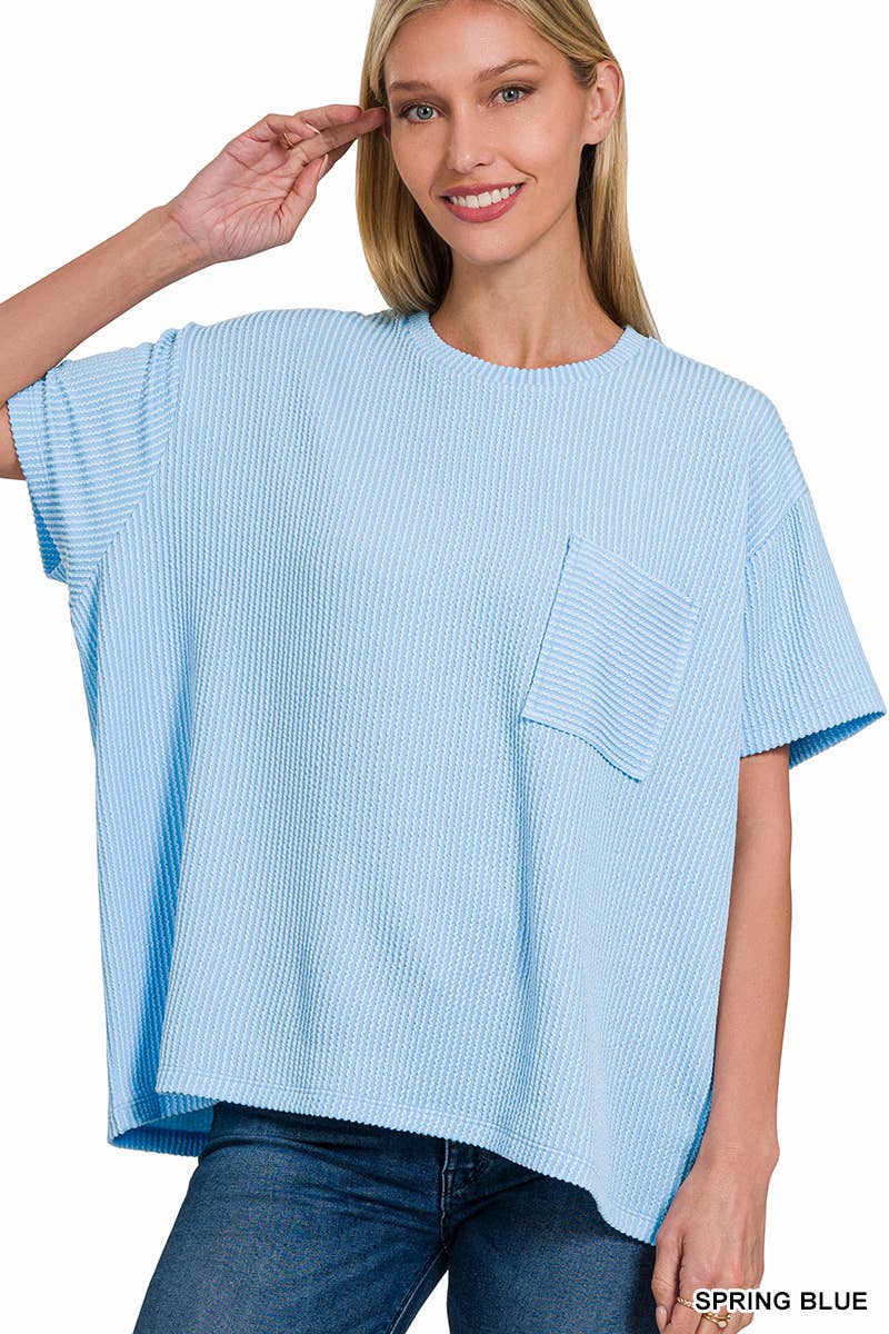 ` Corded Rib Short Sleeve Front Pocket Top  Zenana