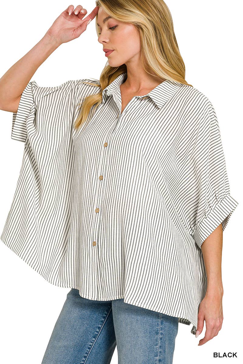 Woven Stripe Button Down Boxy Shirt - Zenana