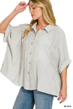 Woven Stripe Button Down Boxy Shirt - Zenana