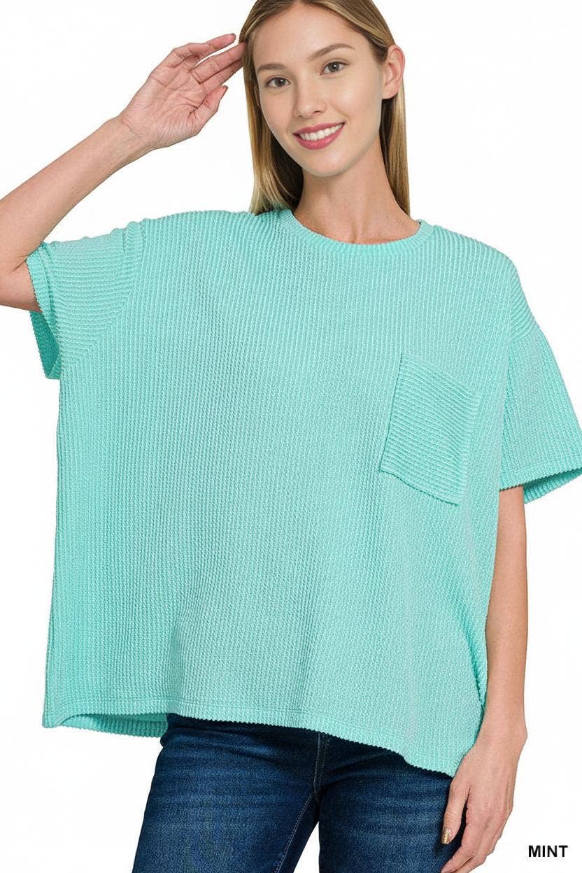 ` Corded Rib Short Sleeve Front Pocket Top  Zenana