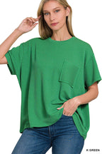 ` Corded Rib Short Sleeve Front Pocket Top  Zenana