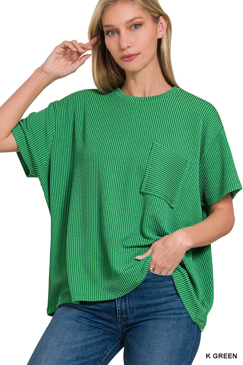 ` Corded Rib Short Sleeve Front Pocket Top  Zenana